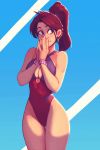  1girl absurdres breasts carlos_eduardo cleavage cleavage_cutout covering_face earrings freckles hands_together highres jewelry looking_to_the_side original ponytail red_hair solo swimsuit tied_hair 