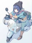  1girl bag beanie blue_hair boots commentary_request eyebrows_visible_through_hair gloves ground_vehicle hat headwear_removed helmet helmet_removed highres jacket leaning_against_motorcycle looking_at_viewer motor_vehicle motorcycle multicolored multicolored_clothes multicolored_jacket multicolored_scarf pants purple_eyes sakino_shingetsu scarf scooter shadow shima_rin simple_background solo striped striped_scarf winter_clothes yurucamp 