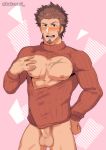  1boy abs bara beard blue_eyes blush brown_hair censored chest cleavage_cutout erection erection_under_clothes facial_hair fate/grand_order fate_(series) goatee kakenari long_sleeves looking_at_viewer male_focus mosaic_censoring muscle naked_sweater napoleon_bonaparte_(fate/grand_order) nipples pectorals scar sideburns simple_background smile solo sweater testicles 
