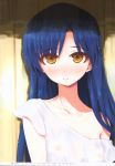  1girl absurdres asterisk_(artist) bangs blue_hair blush breasts brown_eyes closed_mouth collarbone eyebrows_visible_through_hair hair_between_eyes highres idolmaster idolmaster_(classic) kisaragi_chihaya long_hair looking_at_viewer nipples off_shoulder page_number scan see-through shirt small_breasts smile solo straight_hair upper_body very_long_hair wet wet_clothes wet_hair wet_shirt 
