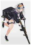  1girl assault_rifle bag bangs bare_legs blue_hair eyebrows_visible_through_hair girls_frontline gloves green_eyes gun h&amp;k_hk416 hair_ribbon hairband highres hk416_(girls_frontline) jacket long_hair looking_at_viewer multicolored multicolored_clothes multicolored_gloves open_mouth ribbon rifle rotalasp running shoes solo weapon weapon_bag white_background 