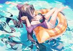  1girl absurdres animal_ear_fluff animal_ears arms_up barefoot bikini bikini_top black_bikini black_hair bow breasts cat_ears caustics cleavage eyewear_on_head front-tie_bikini front-tie_top hair_bow halterneck highres innertube jacket karyl_(princess_connect!) long_hair looking_at_viewer low_twintails medium_breasts multicolored_hair munseonghwa open_mouth princess_connect! princess_connect!_re:dive purple_jacket short_shorts shorts solo stomach streaked_hair sunglasses swimsuit thighs twintails very_long_hair water white_shorts 
