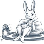  2020 anthro barefoot breasts female fur hi_res holding_object lagomorph leporid looking_at_viewer louart mammal mechanical_fan monochrome rabbit reclining rug simple_background smile solo white_background 
