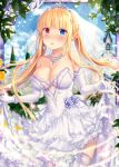 1girl blonde_hair blue_eyes blush bracelet breasts bride cleavage crossover dress earrings elbow_gloves eurika_(falkyrie_no_monshou) eyebrows_visible_through_hair falkyrie_no_monshou gloves heterochromia jewelry large_breasts lifted_by_self long_hair looking_at_viewer natsumekinoko necklace official_art parted_lips red_eyes shinkai_no_valkyrie skirt skirt_lift solo thighhighs tiara wedding wedding_dress white_gloves white_legwear 