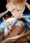  1girl artist_name bishoujo_senshi_sailor_moon blonde_hair blue_eyes blue_sailor_collar blurry choker crescent crescent_choker crescent_earrings crescent_moon depth_of_field earrings earth elbow_gloves english_commentary eyelashes facebook_username gloves highres horizon jewelry long_hair looking_at_viewer moon planet pointing red_choker sailor_collar sailor_senshi_uniform say_hana shirt short_sleeves signature sky solo space star_(sky) starry_sky sun tsukino_usagi tumblr_username very_long_hair watermark web_address white_gloves white_shirt 