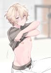  1boy bandaid bandaids_on_nipples blonde_hair ensemble_stars! hair_between_eyes looking_at_viewer navel pasties purple_eyes remo-lilongo shirt_lift smile solo sweat tomoe_hiyori 