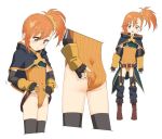  1girl adjusting_clothes adjusting_leotard ass belt black_capelet black_legwear boots brown_eyes brown_footwear capelet chaps elbow_gloves fingerless_gloves full_body gengorou gloves leotard long_hair misogi_(princess_connect!) orange_hair orange_leotard princess_connect! princess_connect!_re:dive side_ponytail simple_background solo thighhighs thighs unbuckled_belt waist_cape white_background 