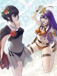  2girls :d ahoge arm_strap bangs belly_chain bikini black_bikini black_gloves black_hair blue_eyes braid breasts cleavage closed_mouth collarbone covered_nipples criss-cross_halter crown_braid day eyebrows_visible_through_hair fingerless_gloves fire_emblem fire_emblem:_path_of_radiance fire_emblem_awakening flower from_above gloves hair_between_eyes hair_flower hair_ornament halterneck headband hibiscus jewelry long_hair lucina_(fire_emblem) medium_breasts mia_(fire_emblem) multiple_girls navel open_mouth orange_bikini orange_flower outdoors purple_hair red_flower see-through shiny shiny_hair short_hair sitting smile standing swimsuit thigh_strap uni_(uni9248) very_long_hair wariza white_flower white_headband 