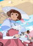  1girl absurdres bangs bicycle bob_cut brown_eyes brown_hair dress edoya_inuhachi ground_vehicle gundam hat highres juliet_sleeves long_sleeves looking_to_the_side pink_dress puffy_sleeves short_hair sochie_heim solo sun_hat turn_a_gundam 