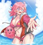  :d absurdres ahoge ball beachball bikini blue_eyes blush_stickers bocodamondo breasts cleavage front-tie_bikini front-tie_top highres jacket kirby kirby_(series) open_mouth outstretched_hand personification pink_bikini pink_hair short_hair side-tie_bikini smile star_(symbol) star_print swimsuit 