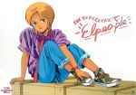  1980s_(style) 1girl blonde_hair blue_eyes denim elpeo_puru foot_hold gundam gundam_zz jeans looking_at_viewer necktie official_art oldschool open_mouth pants pants_rolled_up purple_shirt red_neckwear shirt shoes short_hair simple_background sitting sleeves_rolled_up sneakers solo watch white_background wristwatch 