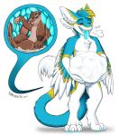  2020 4_ears 4_fingers 4_toes absurd_res after_vore ambiguous_gender avali belly big_belly blue_body blue_feathers blue_insides blue_tail blue_tongue brown_body brown_fur brown_sclera duo eyewear fatescanner feathers fingers fur glasses hi_res lagomorph leporid male male_pred mammal multi_ear nonine open_mouth rabbit simple_background sound_effects tanzanite teeth thick_tail toes tongue tongue_out vore white_background white_body white_feathers white_tail_feathers yellow_body yellow_feathers 