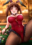  1girl :d animal_ears bangs bare_shoulders black_ribbon blurry blurry_background bracelet breasts brown_eyes brown_hair brown_legwear bunny_ears bunnysuit cleavage commentary_request depth_of_field eyebrows_visible_through_hair fishnet_legwear fishnets frilled_leotard frills glint hair_ribbon highres idolmaster idolmaster_cinderella_girls indoors jewelry karu_(qqqtyann) knee_up large_breasts leotard looking_at_viewer open_mouth pantyhose parted_bangs poker_chip poker_table red_leotard ribbon smile solo spread_legs strapless strapless_leotard totoki_airi twintails 