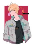  1boy banana banana_fish black_shirt blonde_hair bubble_blowing chewing_gum food fruit hands_in_pockets jacket kmjung1031 long_sleeves looking_to_the_side okumura_eiji shirt short_hair simple_background solo white_jacket 