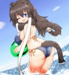  ;d animal_ears ass back ball beachball bikini blue_eyes breasts brown_hair day dutch_angle elephant_ears elephant_tail empty_eyes extra_ears eyebrows_visible_through_hair from_side hair_between_eyes highres holding holding_ball kemono_friends kneepits large_breasts long_hair looking_at_viewer looking_to_the_side mammoth_(kemono_friends) mammoth_ears mammoth_tail mo23 ocean one_eye_closed open_mouth outdoors scarf side-tie_bikini side-tie_bottom sideboob sidelocks sky smile swimsuit tail wading water wet white_hair 