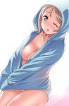  ;p bikini bikini_bottom blue_eyes blush breasts brown_hair cleavage collarbone cowboy_shot eyebrows_visible_through_hair eyelashes gonta_(gshoutai) grey_hair hands_in_pockets highres hood hoodie love_live! love_live!_sunshine!! medium_breasts naked_hoodie one_eye_closed open_clothes open_hoodie pink_background short_hair smile swimsuit tongue tongue_out topless watanabe_you white_background white_bikini 