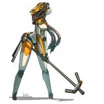  1girl absurdres android between_legs electric_plug full_body highres humanoid_robot joints koutetu_yarou long_legs looking_up mechanical_parts no_feet orange_eyes original robot_ears robot_joints solo staff standing white_background 