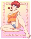  1girl barefoot blue_eyes breasts cleavage covered_nipples denim denim_shorts gradient gradient_background kouda_tomohiro midriff off_shoulder ponytail ranma-chan ranma_1/2 red_hair saotome_ranma short_shorts shorts sitting solo tank_top 