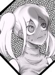  1girl @_@ blush breasts closed_mouth commentary_request eyebrows_visible_through_hair full-face_blush greyscale halftone monochrome nemoto_hina shirt solo sweat sweating_profusely tomato_cyuki turtleneck two_side_up upper_body watashi_ga_motenai_no_wa_dou_kangaetemo_omaera_ga_warui! wavy_mouth 