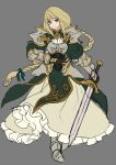 1girl armor armored_dress blonde_hair blue_eyes braid breastplate brown_gloves closed_mouth dress eyebrows_visible_through_hair floating_hair full_body gauntlets gloves green_dress grey_background holding holding_sword holding_weapon kotatsu_(g-rough) long_hair long_sleeves looking_at_viewer metal_boots original princess_knight_(kotatsu_(g-rough)) simple_background sketch smile solo sword weapon 