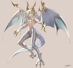  1boy claws closed_mouth dragon_boy dragon_horns dragon_tail dragon_wings full_body grey_background highres horns kotatsu_(g-rough) looking_at_viewer male_focus monster_boy nude original red_eyes signature simple_background solo tail white_hair wings 