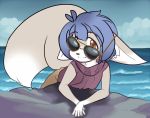  ambiguous_gender anthro blue_hair canid canine clothed clothing cloud delicious_(artist) ears_down eyewear female_(lore) fennec fox hair looking_at_viewer lynnelle mammal pivoted_ears solo sunglasses water young 
