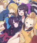  4girls :d abigail_williams_(fate/grand_order) ahoge animal_ears animal_hood artoria_pendragon_(all) bangs bangs_pinned_back bear_ears bear_hood black_hair black_hoodie blonde_hair blue_bow blue_eyes blue_hoodie blue_sailor_collar blush bow breasts brown_hoodie candy_wrapper character_doll cleavage closed_eyes closed_mouth collarbone eyebrows_visible_through_hair fake_animal_ears fate/grand_order fate_(series) food food_in_mouth forehead fujimaru_ritsuka_(male) hair_bow hair_rings handheld_game_console highres hood hood_down hoodie jeanne_d&#039;arc_(alter)_(fate) jeanne_d&#039;arc_(fate) jeanne_d&#039;arc_(fate)_(all) katsushika_hokusai_(fate/grand_order) lying medium_breasts mouth_hold multiple_girls mysterious_heroine_xx_(foreigner) on_side on_stomach open_mouth pocky purple_bow purple_eyes purple_hair sailor_collar sitting smile striped tears totatokeke wavy_mouth yang_guifei_(fate/grand_order) 