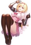  1girl :d arm_up ass bangs blonde_hair blush boots breasts brown_eyes brown_footwear brown_gloves brown_legwear commentary_request djeeta_(granblue_fantasy) dress eyebrows_visible_through_hair fighter_(granblue_fantasy) frilled_shirt frills gauntlets gloves granblue_fantasy hair_intakes hairband heart high-waist_skirt highres knees_up legs looking_at_viewer lying medium_breasts on_back open_mouth pink_dress pink_hairband pink_skirt puffy_short_sleeves puffy_sleeves red_eyes ririko_(zhuoyandesailaer) sheath sheathed shirt short_hair short_sleeves simple_background skirt smile solo sword thigh_boots thighhighs upper_teeth weapon white_background white_shirt 