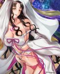  1girl aona_(kuuga19yuu) bangs bare_shoulders black_hair blush breasts chest_tattoo cleavage collarbone facial_mark fate/extra fate/extra_ccc fate_(series) forehead_mark highres horn_ornament horn_ring horns large_breasts long_hair long_sleeves looking_at_viewer navel parted_bangs revealing_clothes sesshouin_kiara smile tattoo veil wavy_hair wide_sleeves yellow_eyes 