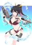  1girl alternate_hairstyle bikini black_hair breasts collarbone commentary_request cowboy_shot grin kantai_collection large_breasts layered_bikini long_hair mikage_takashi multicolored_hair naganami_(kantai_collection) pink_hair ponytail purple_bikini purple_eyes side-tie_bikini smile solo swimsuit thigh_strap torpedo water_gun 