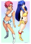  2girls blue_eyes blue_hair boots breasts cleavage covered_nipples dark_skin dirty_pair elbow_gloves full_body gloves gradient gradient_background holster holstered_weapon kei_(dirty_pair) knee_boots kouda_tomohiro long_hair midriff multiple_girls red_hair sleeveless vest yuri_(dirty_pair) 