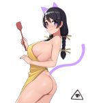  animal_ears apron ass black_hair breasts cat_ears cat_tail donburikazoku hair_ornament hairclip hanekawa_tsubasa highres large_breasts looking_back low_twintails naked_apron purple_eyes sideboob spatula strap_gap tail twin_way twintails yellow_apron 