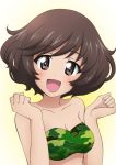  1girl :d akiyama_yukari bangs bare_shoulders bikini breasts brown_eyes brown_hair camouflage camouflage_bikini cleavage commentary eyebrows_visible_through_hair girls_und_panzer green_bikini kanau looking_at_viewer medium_breasts open_mouth portrait short_hair smile solo strapless strapless_bikini swimsuit 