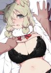  1girl 1other alpaca_ears alpaca_suri_(kemono_friends) alternate_breast_size animal_ears arm_support assisted_exposure black_bra black_panties blonde_hair bra breasts cleavage commentary_request dark_skin dutch_angle eyebrows_visible_through_hair eyelashes eyes_visible_through_hair from_above fur_collar grey_eyes hair_bun hair_over_one_eye highres horizontal_pupils huge_breasts kemono_friends kuro_mushi lifted_by_another long_sleeves lying medium_hair navel neck_ribbon on_back open_mouth panties pov pov_hands ribbon shirt solo_focus stomach sweat sweater_vest underwear upper_body vest_lift white_shirt 
