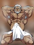  1boy 41raco abs aegir_(tokyo_houkago_summoners) bara beard blue_eyes bulge chest dark_skin dark_skinned_male erection erection_under_clothes facial_hair highres looking_at_viewer male_focus manly muscle nipples pectorals penis_peek smile solo thick_thighs thighs tokyo_houkago_summoners upper_body white_hair 