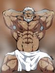  1boy 41raco abs aegir_(tokyo_houkago_summoners) bara beard blue_eyes bulge chest dark_skin dark_skinned_male facial_hair highres looking_at_viewer male_focus manly muscle nipples pectorals penis_peek smile solo thick_thighs thighs tokyo_houkago_summoners towel upper_body white_hair 