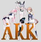  3boys animal_ears ansel_(arknights) arknights brown_eyes brown_hair bunny_ears bunny_tail bunnysuit dog_boy dog_ears dog_tail full_body green_eyes greyy_(arknights) highres looking_at_viewer male_focus mephisto_(arknights) midriff moge_(moeuuuuu) multiple_boys pink_hair sailor_collar short_shorts shorts silver_hair tail tray 