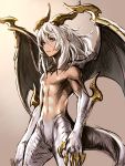  1boy albino claws closed_mouth dragon_boy dragon_horns dragon_tail dragon_wings hair_between_eyes highres horns kotatsu_(g-rough) male_focus monster_boy navel nude original pointy_ears red_eyes solo tail white_hair wings 