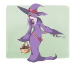  1girl basket bright_pupils closed_mouth commentary dress english_commentary full_body green_background hair_over_one_eye hat holding holding_wand hood hood_down hooded_dress little_witch_academia long_dress long_hair long_sleeves looking_at_viewer mushroom one_eye_covered purple_dress purple_hair purple_headwear red_eyes simple_background solo sucy_manbavaran vins-mousseux wand wide_sleeves witch_hat 
