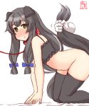  1girl all_fours alternate_costume animal_ears artist_logo black_bra black_hair black_legwear bra collar commentary_request dated disembodied_limb dog_collar dog_ears dog_tail feet_out_of_frame frilled_bra frills green_eyes hair_ribbon highres i-47_(kantai_collection) kanon_(kurogane_knights) kantai_collection leash long_hair navel no_panties ribbon simple_background solo tail thighhighs tress_ribbon underwear white_background 