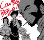  2boys 2girls :d bald beard blush_stickers breasts cigarette cleavage copyright_name cowboy_bebop dog edward_wong_hau_pepelu_tivrusky_iv ein_(cowboy_bebop) facial_hair faye_valentine greyscale hairband holding holding_cigarette jet_black kotatsu_(g-rough) large_breasts looking_at_viewer monochrome mouth_hold multiple_boys multiple_girls necktie open_mouth popped_collar short_hair sketch smile smoking spike_spiegel sweater welsh_corgi white_background 