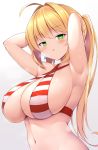  1girl :o ahoge armpits arms_behind_head bangs bikini blonde_hair breasts breath cleavage earrings eyebrows_visible_through_hair fate/grand_order fate_(series) green_eyes hanetu highres jewelry large_breasts long_hair looking_at_viewer navel nero_claudius_(fate)_(all) nero_claudius_(swimsuit_caster)_(fate) open_mouth ponytail solo striped striped_bikini sweat swimsuit 