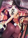  1girl armlet ass black_hair black_rock_shooter black_rock_shooter_(character) blue_eyes blurry breasts bright_pupils contrapposto cowboy_shot depth_of_field earrings fishnet_legwear fishnets from_behind gloves half_gloves hand_on_hilt highres indoors jewelry leotard long_hair m-da_s-tarou pantyhose parted_lips photo profile purple_gloves sideboob small_breasts solo sword thighlet twintails very_long_hair weapon white_pupils work_in_progress wrist_cuffs 