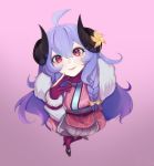  1girl ahoge alternate_costume alternate_eye_color alternate_hair_color alternate_hairstyle blue_hair braid curled_horns fingerless_gloves flower gloves goat_legs hair_between_eyes hair_flower hair_ornament highres horns japanese_clothes kindred lamb_(league_of_legends) league_of_legends long_hair looking_at_viewer nicosh open_eyes open_mouth purple_hair red_eyes ribbon sheep_girl single_fingerless_glove smile solo spirit_blossom_kindred standing standing_on_one_leg twintails 