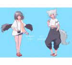  2girls alternate_costume animal_ears baggy_pants belt black_hair black_pants black_wings blue_background camera casual commentary contemporary english_text flip-flops food hand_in_pocket highres holding holding_food inubashiri_momiji midriff_peek multiple_girls navel oversized_clothes pants popsicle red_eyes red_footwear sandals shameimaru_aya shirt short_shorts shorts smile t-shirt tail tongue tongue_out touhou white_background white_shirt wings wolf_ears wolf_tail yamabuki_(laysis_yama) 
