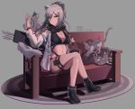  1girl animal_ear_fluff animal_ears arknights arrow_(projectile) artist_name bangs black_footwear breasts cat cat_ears cleavage commentary couch crop_top crossed_legs dated eyebrows_visible_through_hair grey_background hair_over_one_eye hand_up highres jacket long_hair long_sleeves looking_at_viewer medium_breasts midriff navel open_clothes open_jacket pouch quiver schwarz_(arknights) shadow shoes silver_hair simple_background sitting stomach thighhighs thighs white_jacket yellow_eyes zhax 