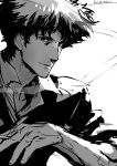  1boy cigarette closed_mouth collared_shirt cowboy_bebop greyscale highres holding holding_cigarette kotatsu_(g-rough) looking_at_viewer male_focus monochrome popped_collar shirt signature sketch smile solo spike_spiegel sweater upper_body wing_collar 