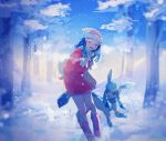  1girl artist_name beanie blue_hair blush boots buttons closed_eyes gen_4_pokemon glaceon hair_ornament hat highres hikari_(pokemon) long_hair long_sleeves mu_acrt open_mouth outdoors pink_footwear pokemon pokemon_(creature) pokemon_(game) pokemon_dppt pokemon_platinum scarf smile socks teeth tree white_headwear white_legwear white_scarf winter winter_clothes 