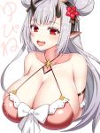  1girl armband asamura_hiori bikini bikini_top breasts cleavage epic7 eyebrows_visible_through_hair flower hair_flower hair_ornament hairband highres horns huge_breasts long_hair looking_at_viewer open_mouth pointy_ears red_eyes swimsuit upper_body white_hair yufine_(epic7) 