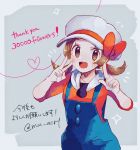  1girl :d blue_overalls blush brown_eyes brown_hair english_text eyelashes hands_up hat hat_ribbon heart highres kotone_(pokemon) looking_at_viewer mu_acrt open_mouth overalls pokemon pokemon_(game) pokemon_hgss ribbon shiny shiny_hair smile solo teeth tongue twintails v white_headwear 
